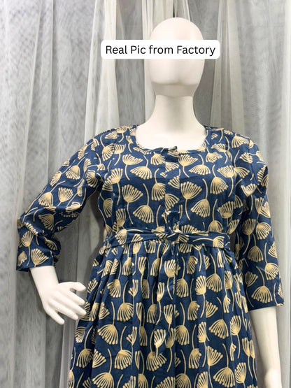 Senna Flower - Blue - Maternity Kurti with Feeding Zips - Cotton Flex - Thicker Fabric