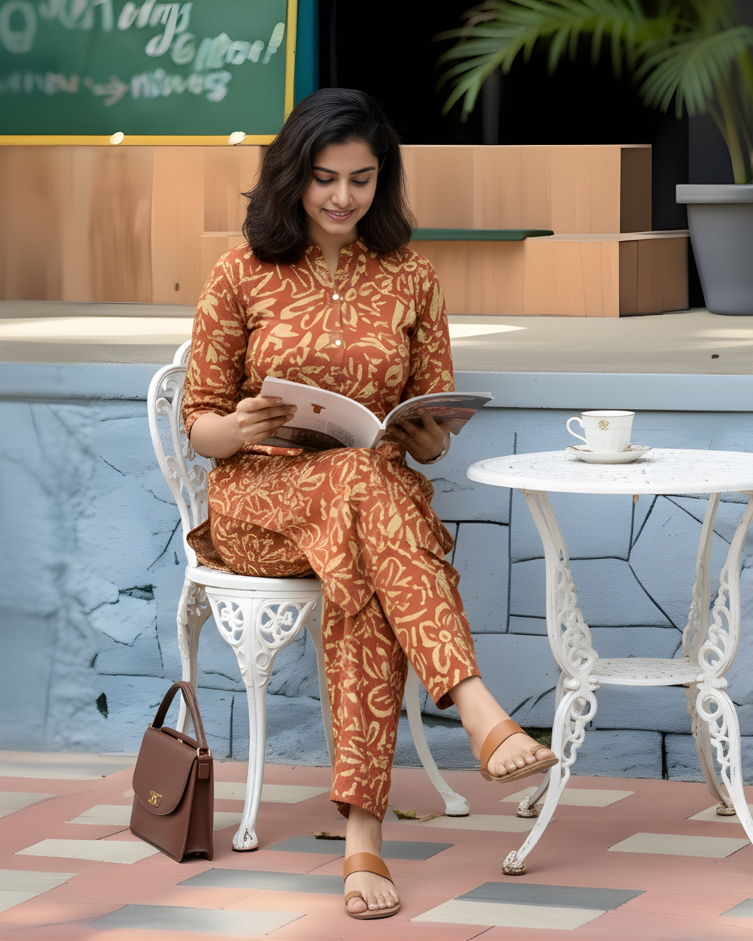 Knee Length - Orange Sketch Flower - Cord Sets - Soft Rayon