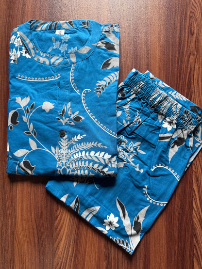 Knee Length - Blue Black Flower - Cord Sets - Pure Cotton