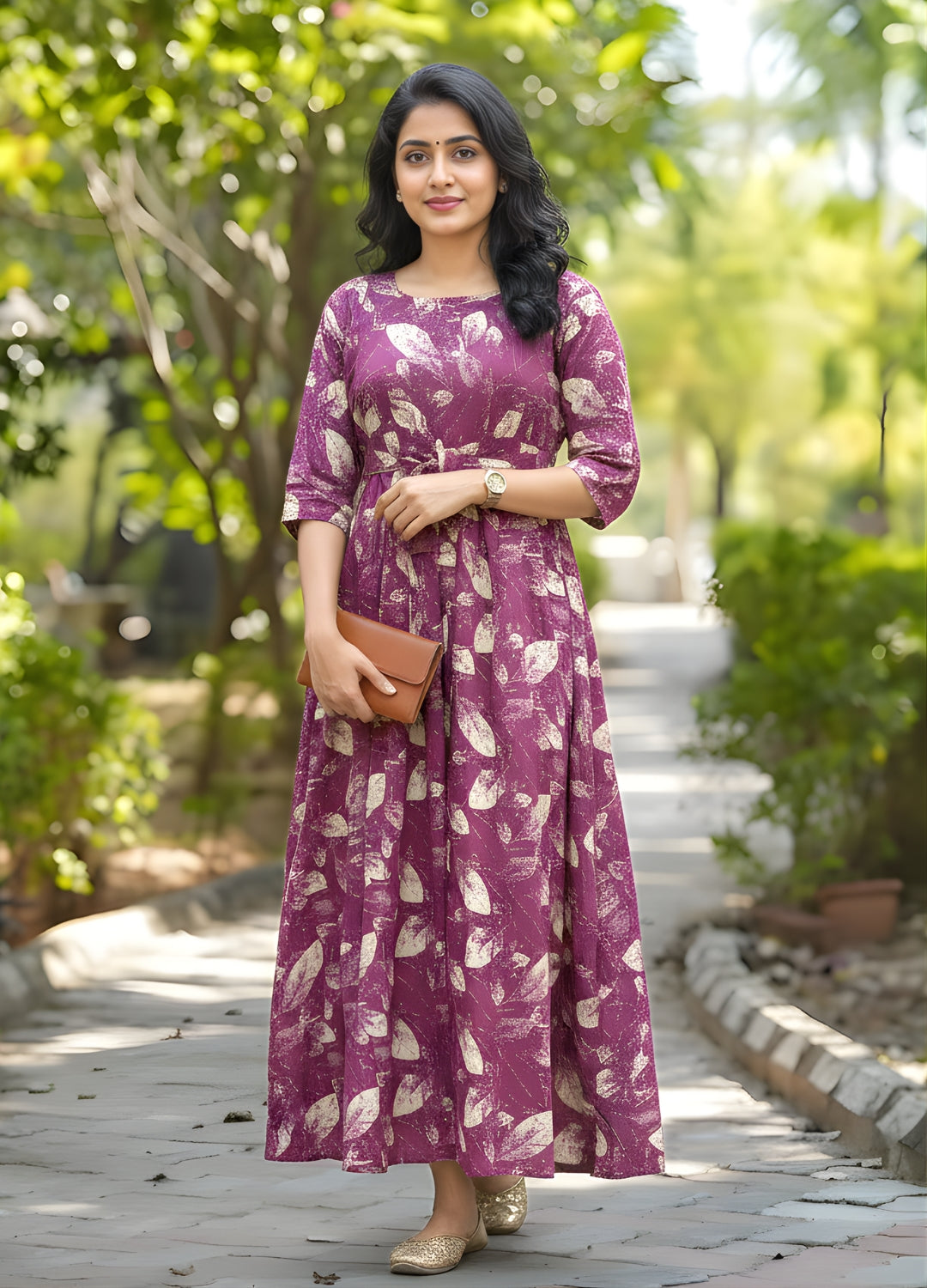 Purple FLower - Maternity Kurti with Feeding Zips - Soft Rayon
