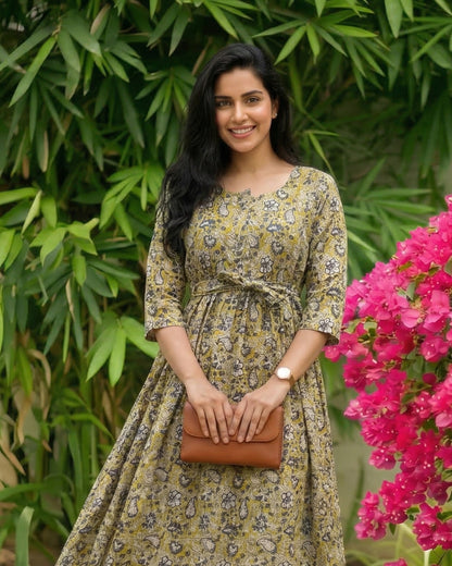 Yellow White Forrest - Maternity Kurti with Feeding Zips - Cotton Flex - Thicker Fabric