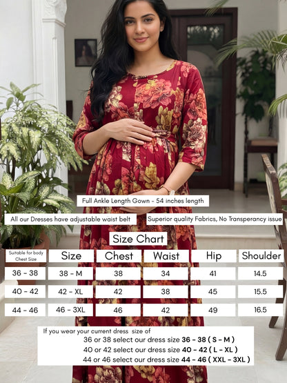 Gold & Cream Flower - Maroon - Maternity Kurti with Feeding Zips - Soft Rayon