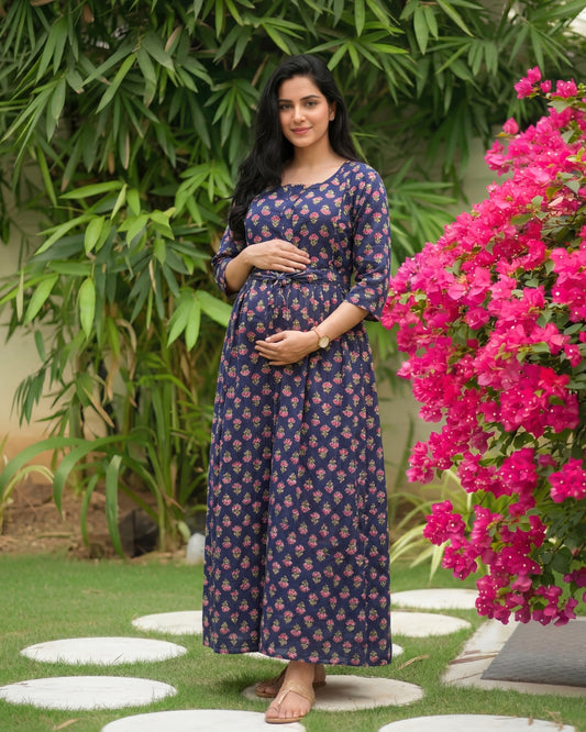 Blue Pink Flower - Maternity Kurti with Feeding Zips - Soft Rayon