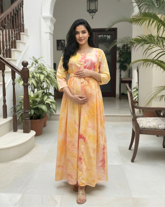 Tie Dye - Yellow - Maternity Kurti with Feeding Zips - Soft Rayon