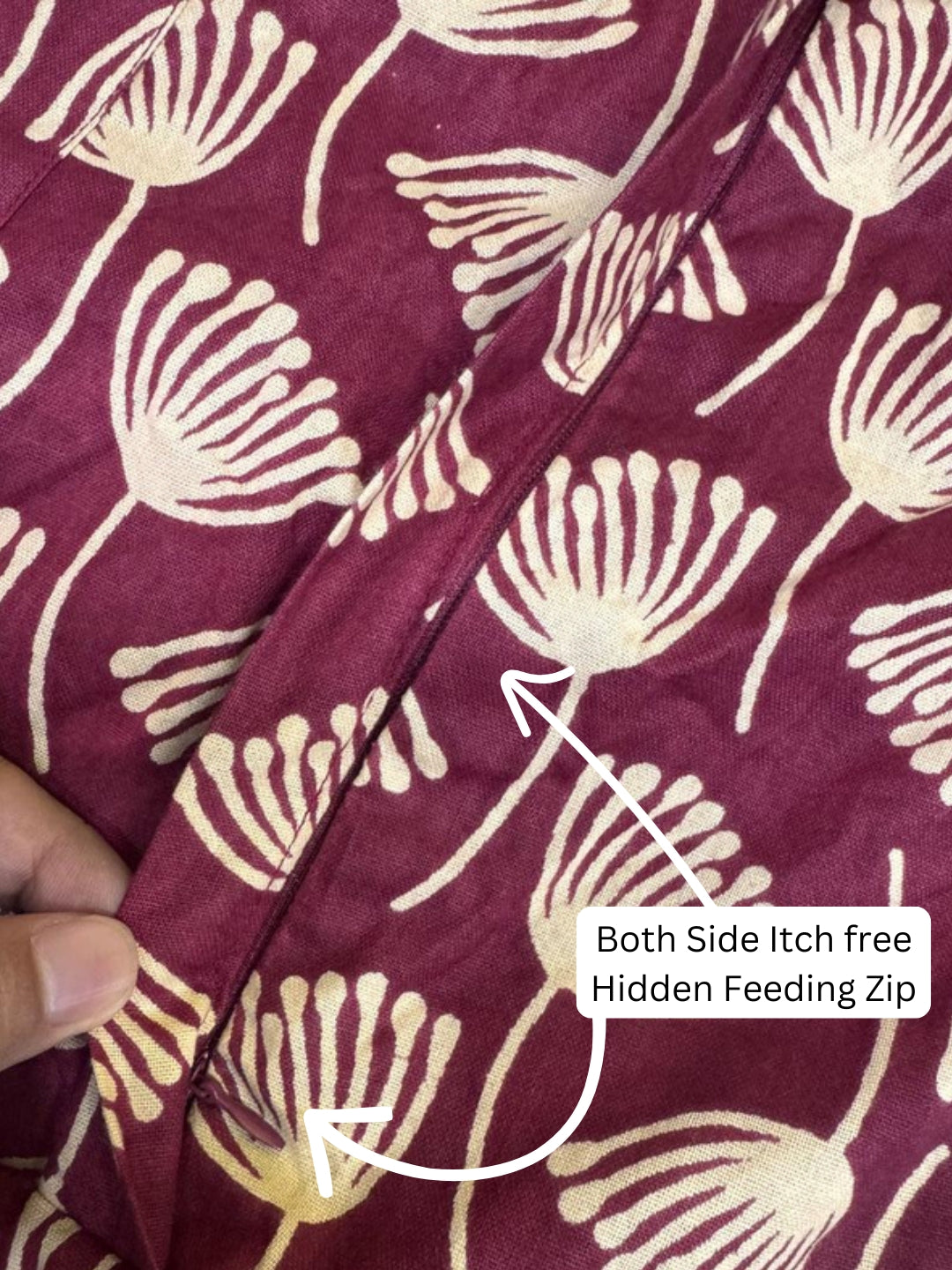 Senna Flower - Maroon - Maternity Kurti with Feeding Zips - Cotton Flex - Thicker Fabric