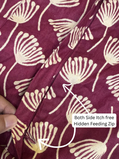 Senna Flower - Maroon - Maternity Kurti with Feeding Zips - Cotton Flex - Thicker Fabric