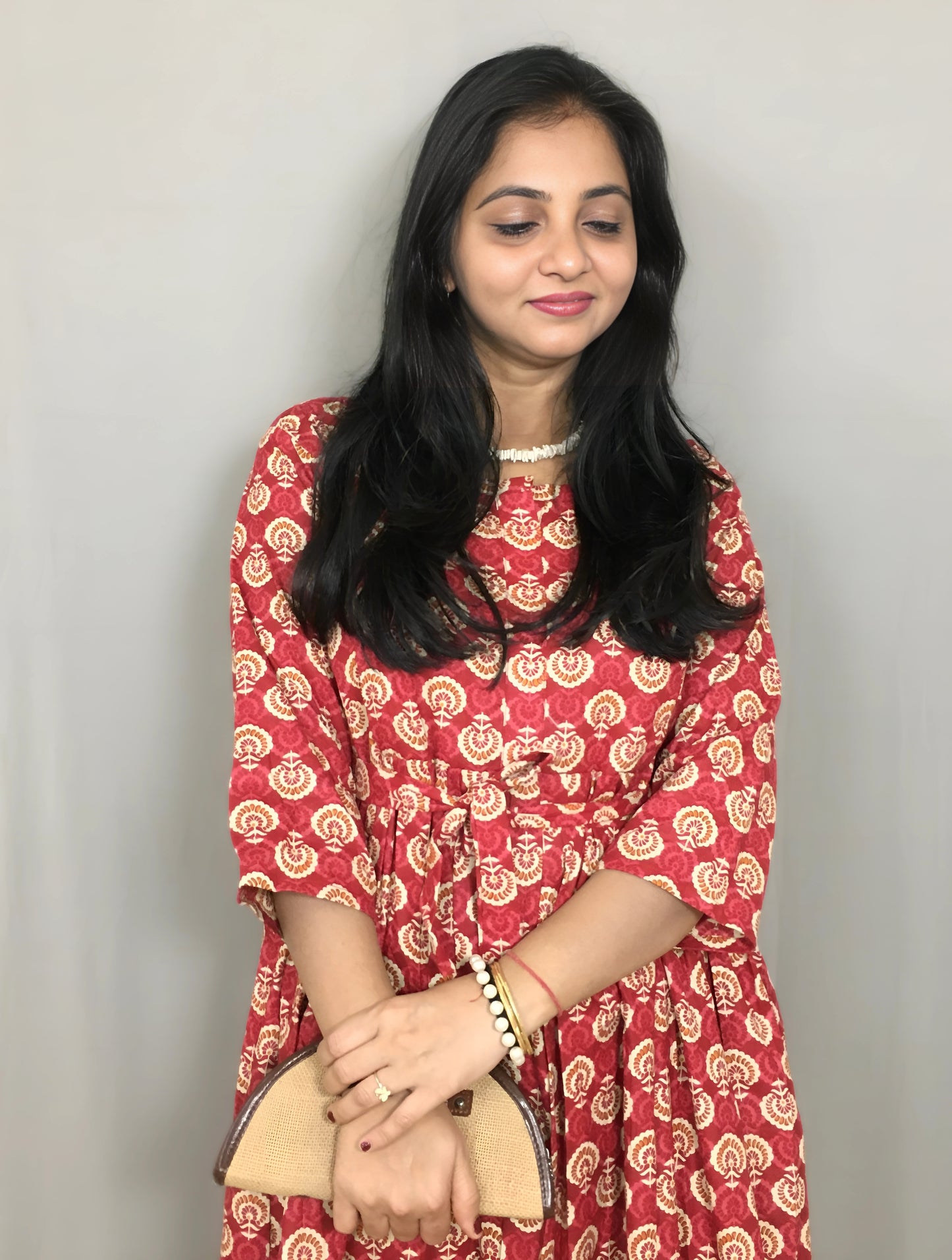 Sunflower - Red - Maternity Kurti with Feeding Zips - Cotton Flex - Thicker Fabric