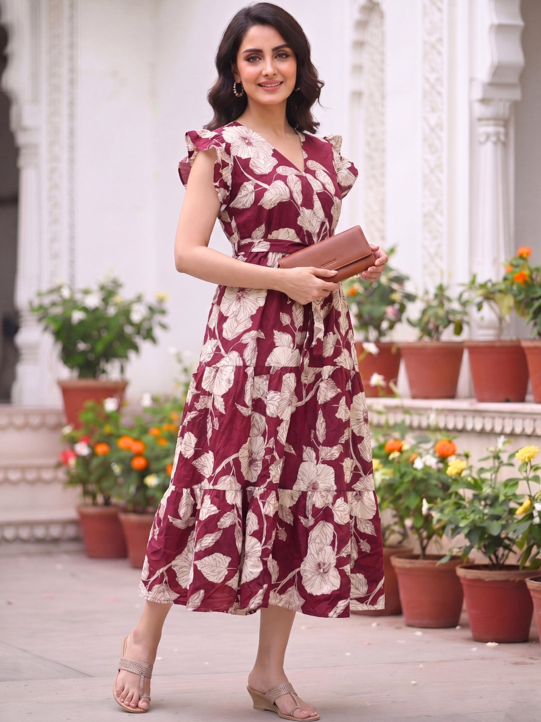 Hibiscus Maroon - Sleevless Midi Dress - Soft Rayon