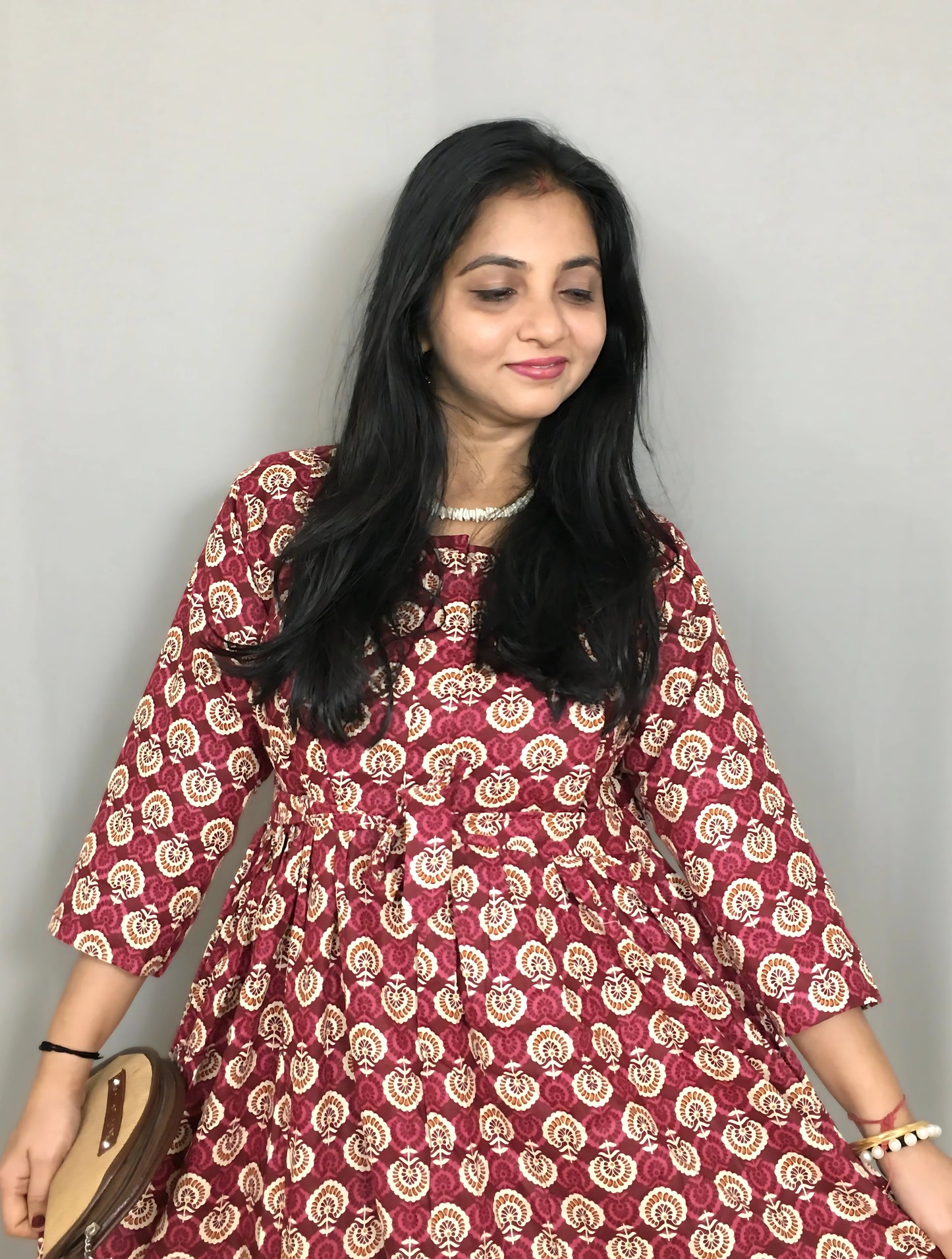 Sunflower - Wine - Maternity Kurti with Feeding Zips - Cotton Flex - Thicker Fabric