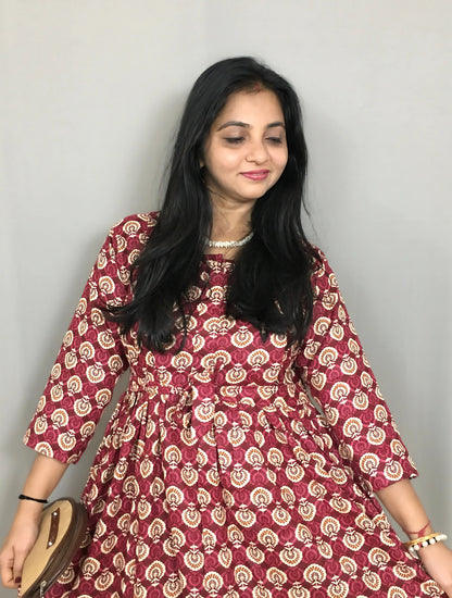 Sunflower - Wine - Maternity Kurti with Feeding Zips - Cotton Flex - Thicker Fabric