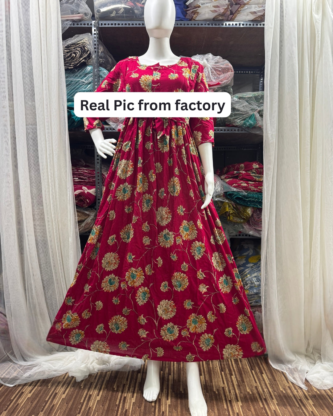 Red Green Sunflower - Maternity Kurti with Feeding Zips - Soft Rayon