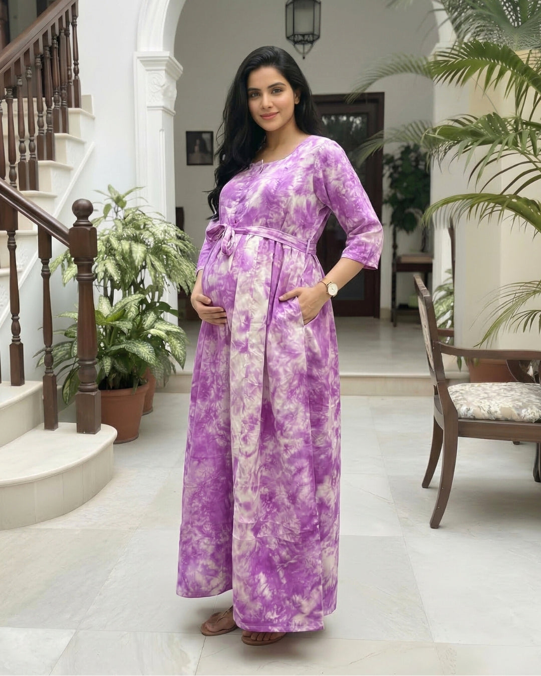 Tie Dye - Purple - Maternity Kurti with Feeding Zips - Soft Rayon