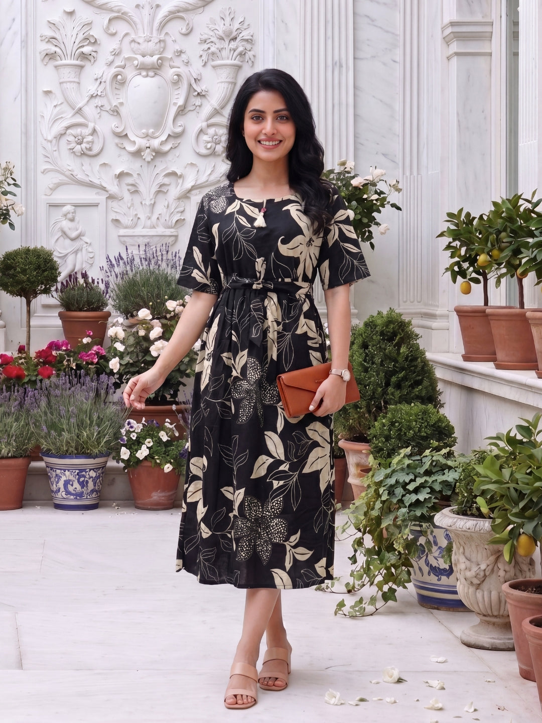 Lily Flower Black - Short Sleeves Midi Dress -  Pure Cotton