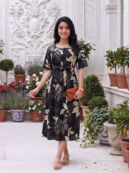 Lily Flower Black - Short Sleeves Midi Dress -  Pure Cotton