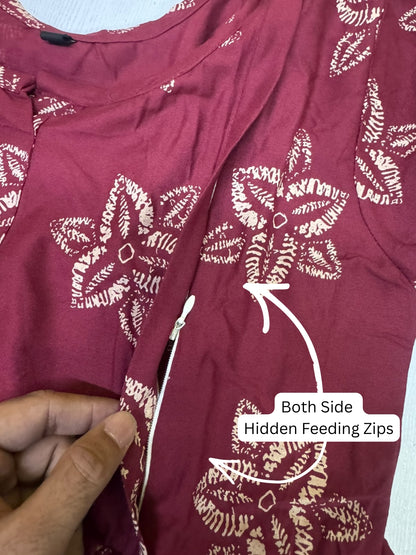 Meher Maroon - Maternity Dress with Feeding Zips - Soft Rayon