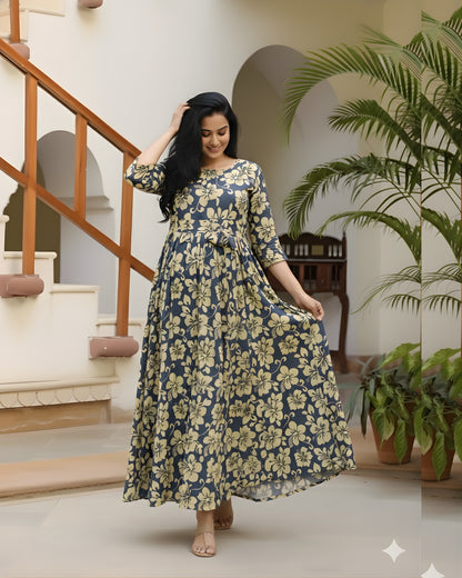 Daisy Flower Grey - Maternity Kurti with Feeding Zips - Soft Rayon