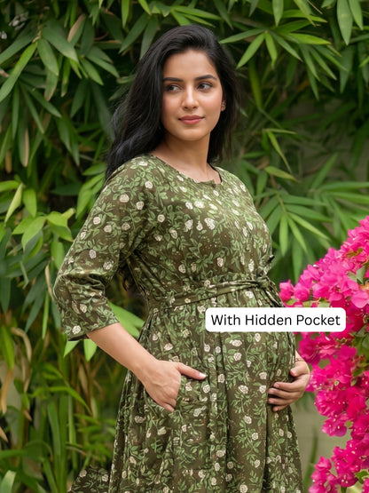 Rose Green - Maternity Kurti with Feeding Zips - Soft Rayon