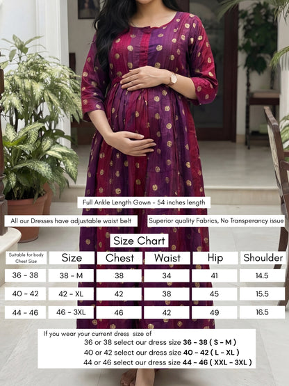 Gold Flower - Purple Maroon  - Maternity Kurti with Feeding Zips - Soft Rayon