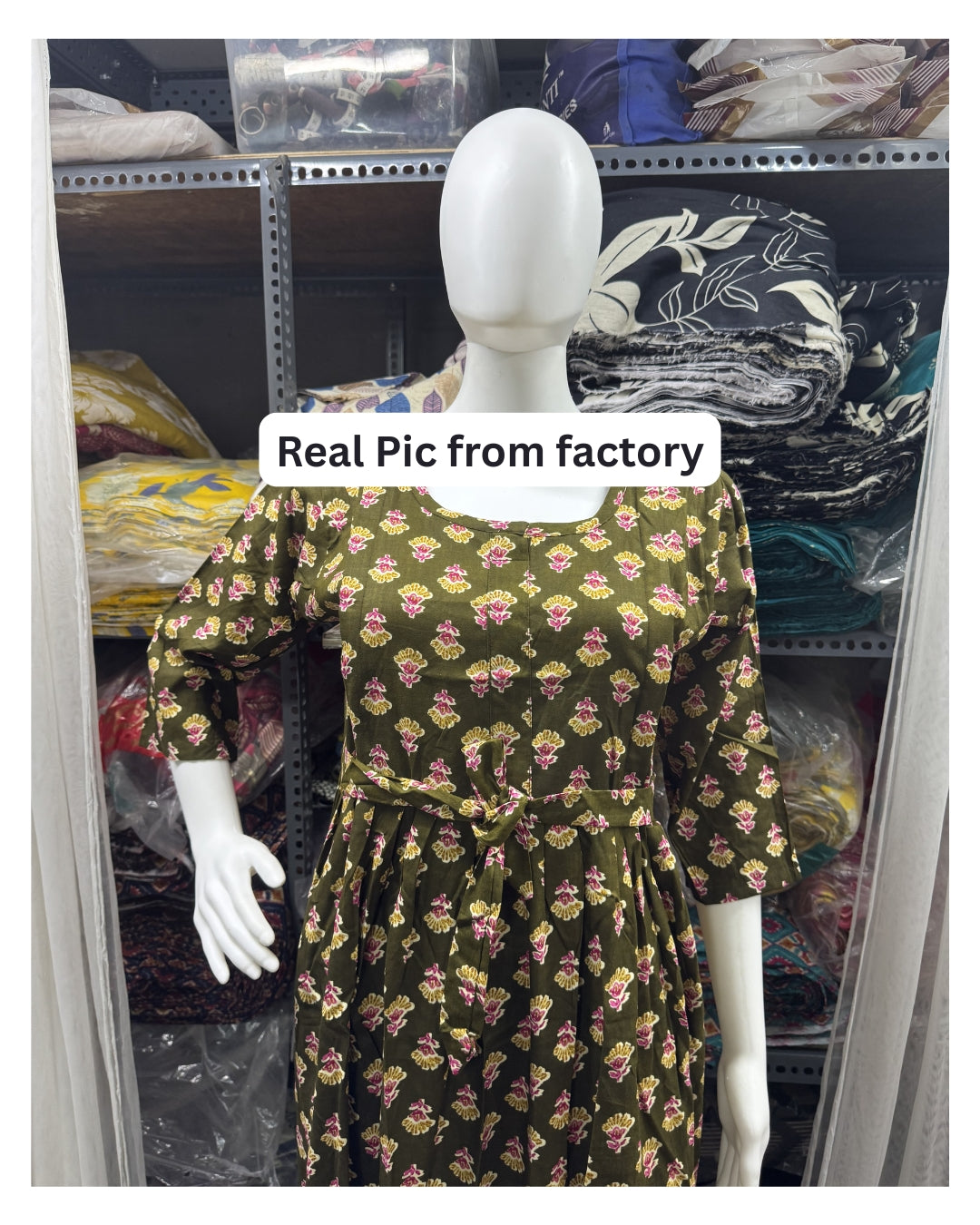 Green Pink Flower - Maternity Kurti with Feeding Zips - Soft Rayon