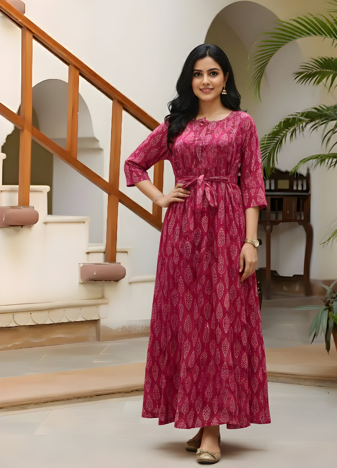 Pink Petal - Maternity Kurti with Feeding Zips - Cambric Cotton