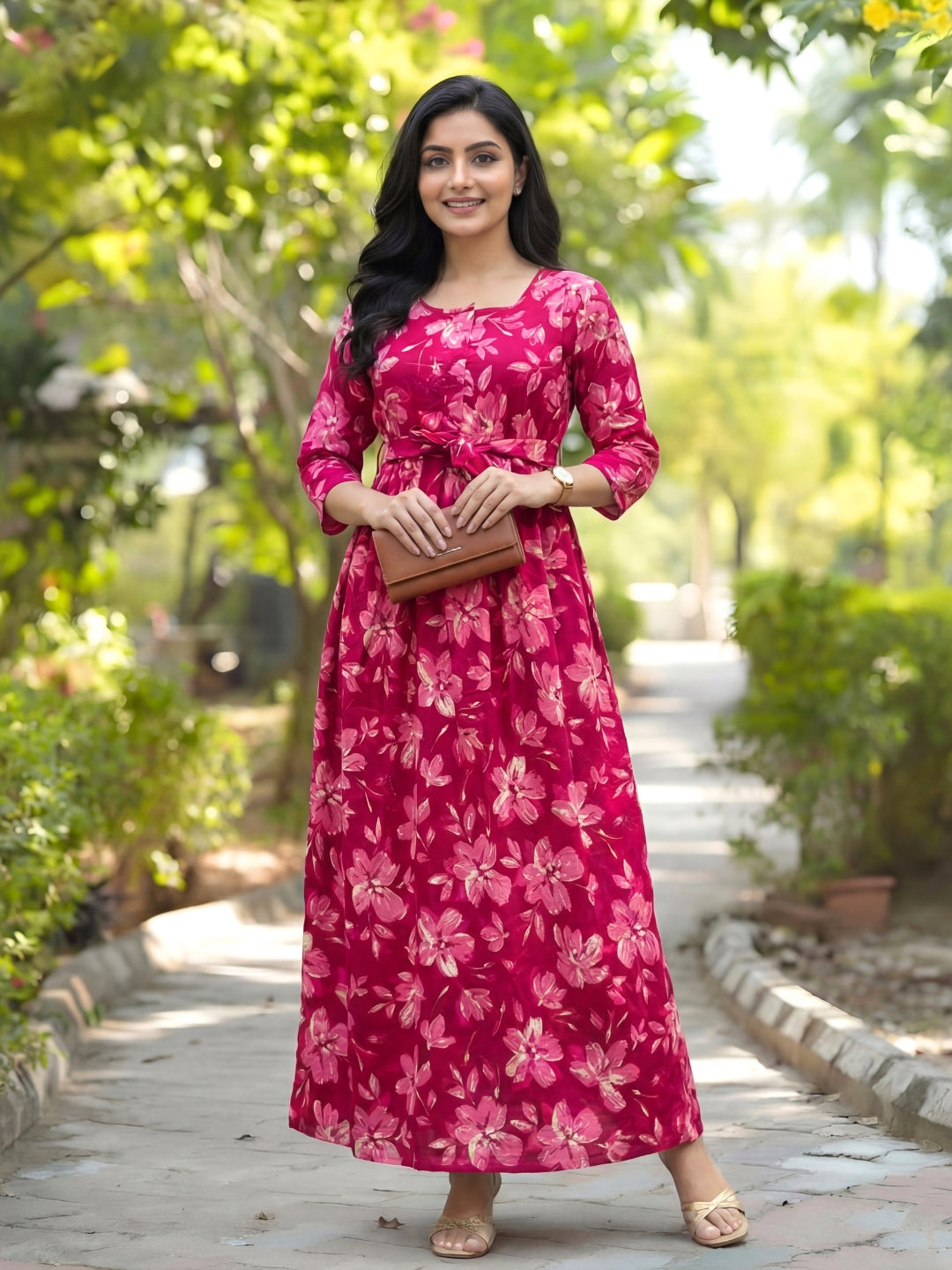 Jasmine White Pink - Maternity Kurti with Feeding Zips - Cambric Cotton