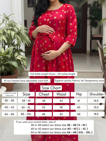 Gold Flower - Pink Red  - Maternity Kurti with Feeding Zips - Soft Rayon