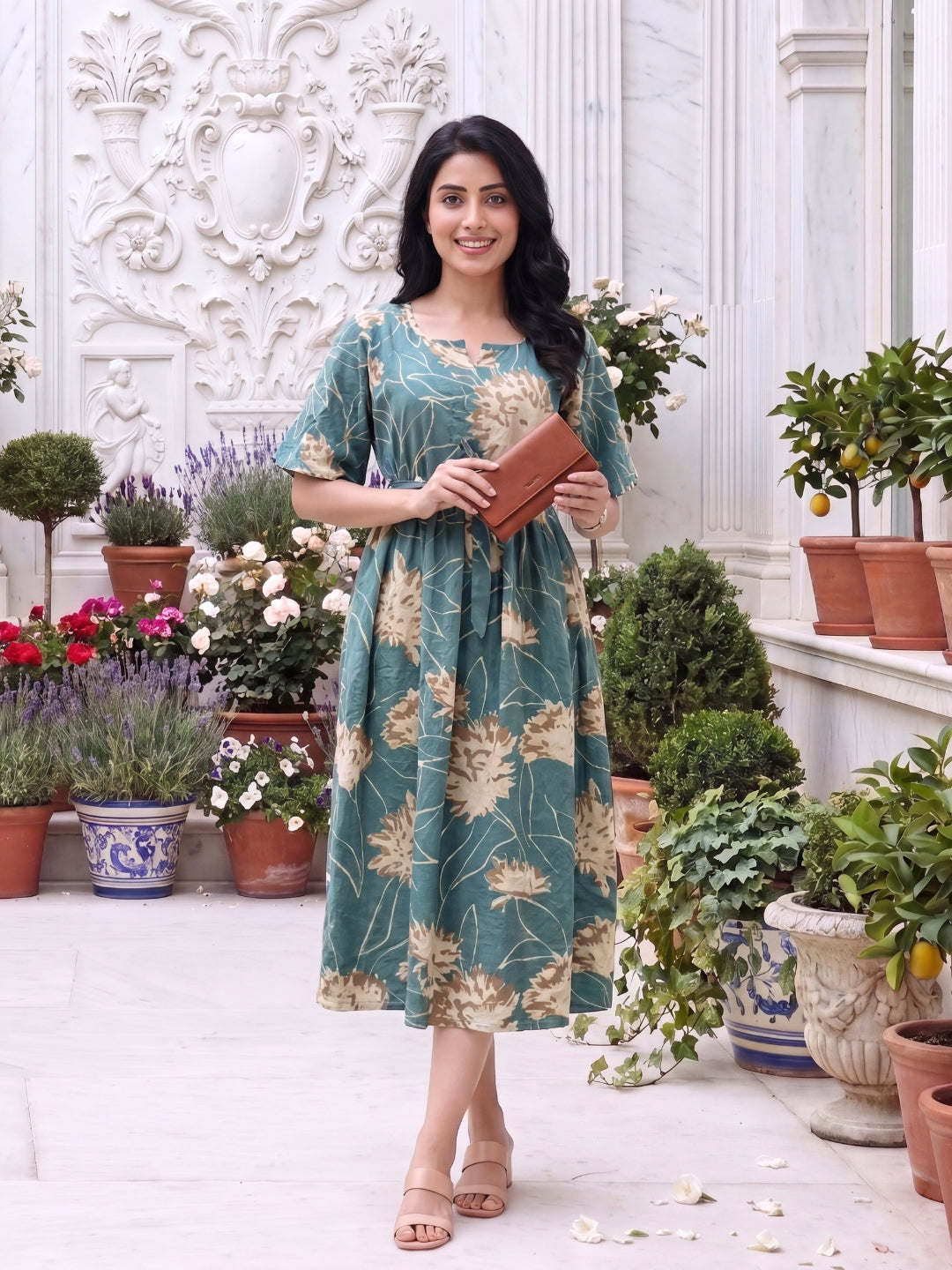 Turquoise Cream- Short Sleeves Midi Dress -  Pure Cotton