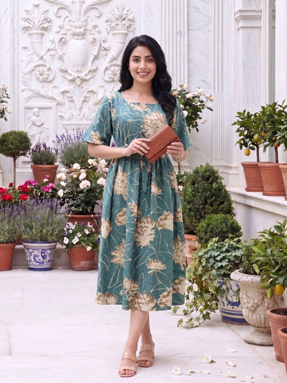 Turquoise Cream- Short Sleeves Midi Dress -  Pure Cotton