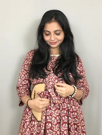 Tulip Flower - Maroon - Maternity Kurti with Feeding Zips - Cotton Flex - Thicker Fabric