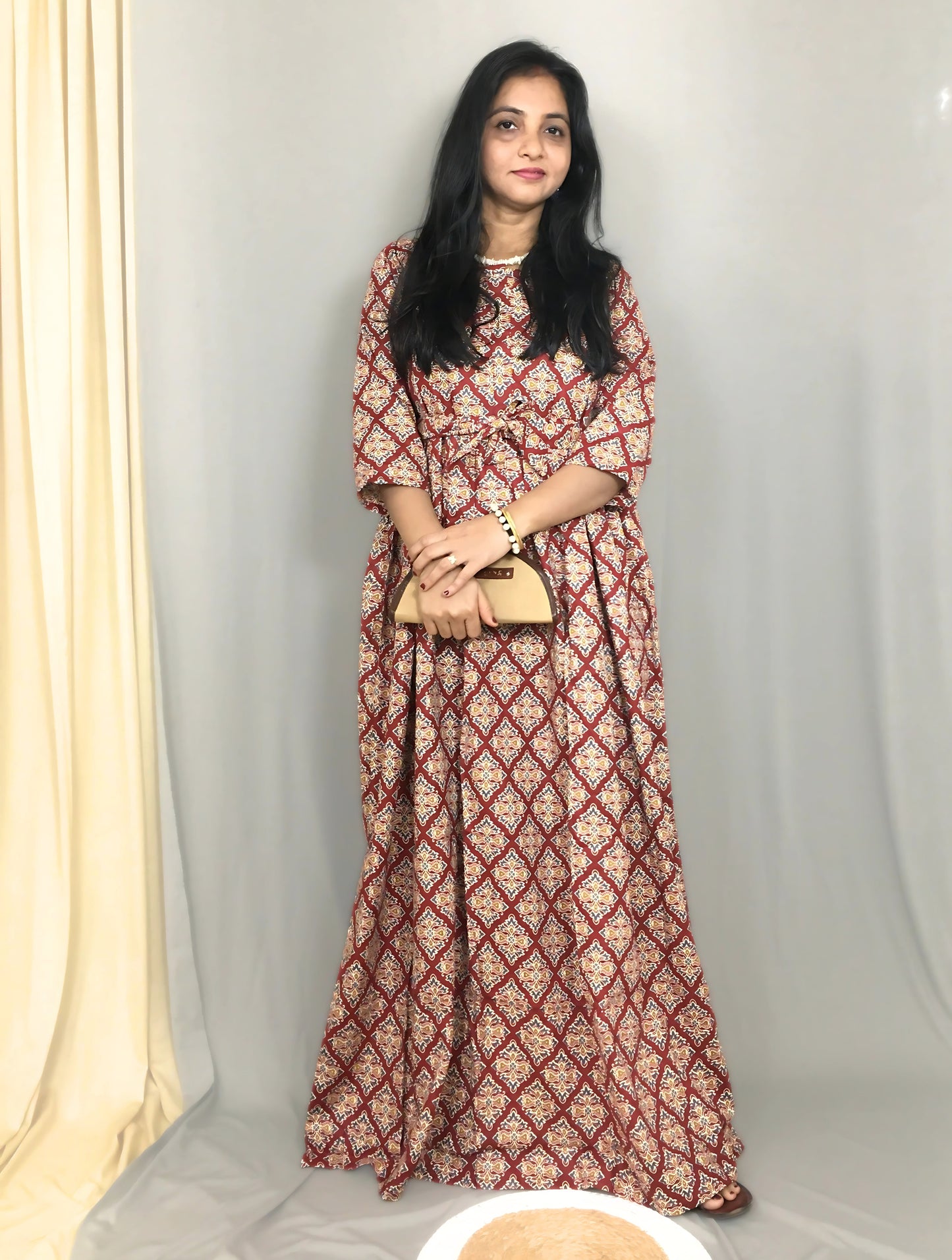 Dessert Flower - Red - Maternity Kurti with Feeding Zips - Cotton Flex - Thicker Fabric