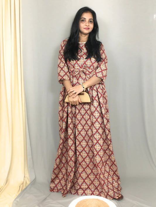 Dessert Flower - Red - Maternity Kurti with Feeding Zips - Cotton Flex - Thicker Fabric