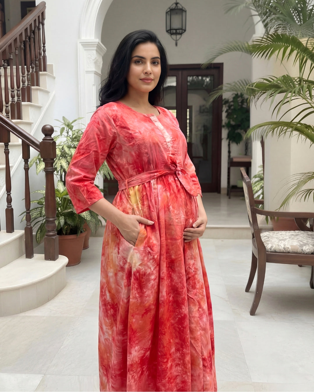 Tie Dye - Red - Maternity Kurti with Feeding Zips - Soft Rayon