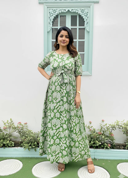Leafy Stripes - Green - Maternity Kurti with Feeding Zips - Soft Rayon