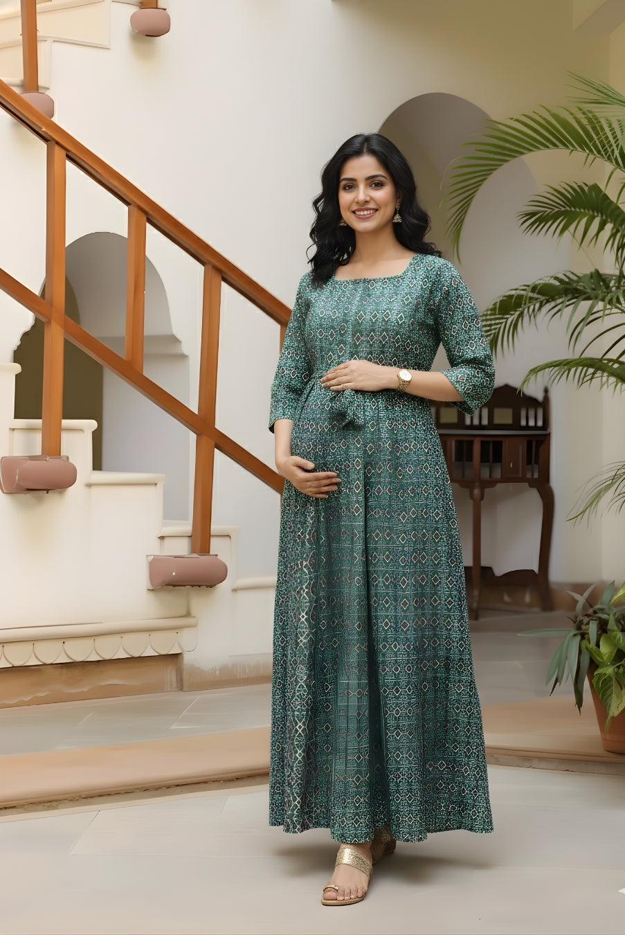 Ajrakh Firozi - Maternity Kurti with Feeding Zips - Cotton Flex - Thicker Fabric