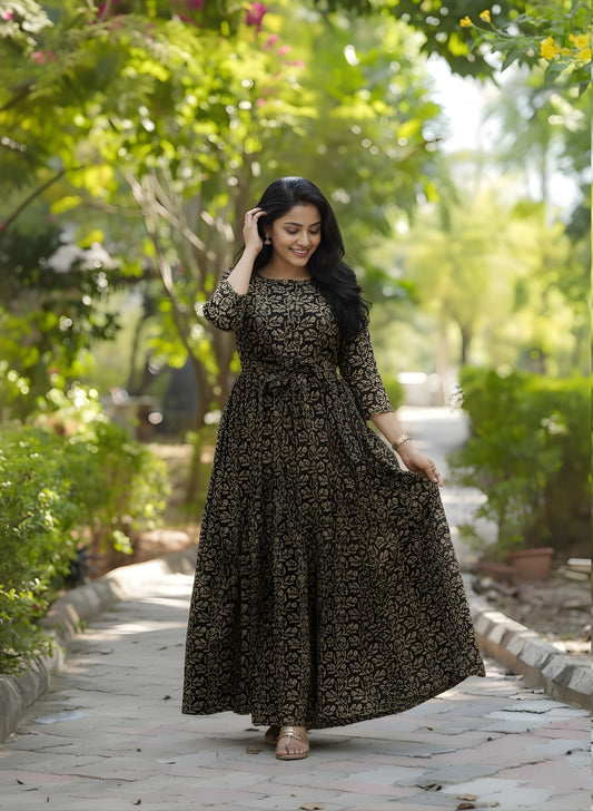 Tulip Flower Black - Maternity Kurti with Feeding Zips - Cotton Flex - Thicker Fabric