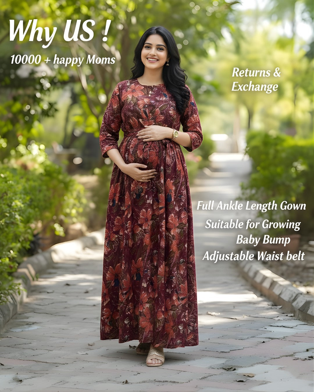 Floral - Wine - Maternity Kurti with Feeding Zips - Soft Rayon
