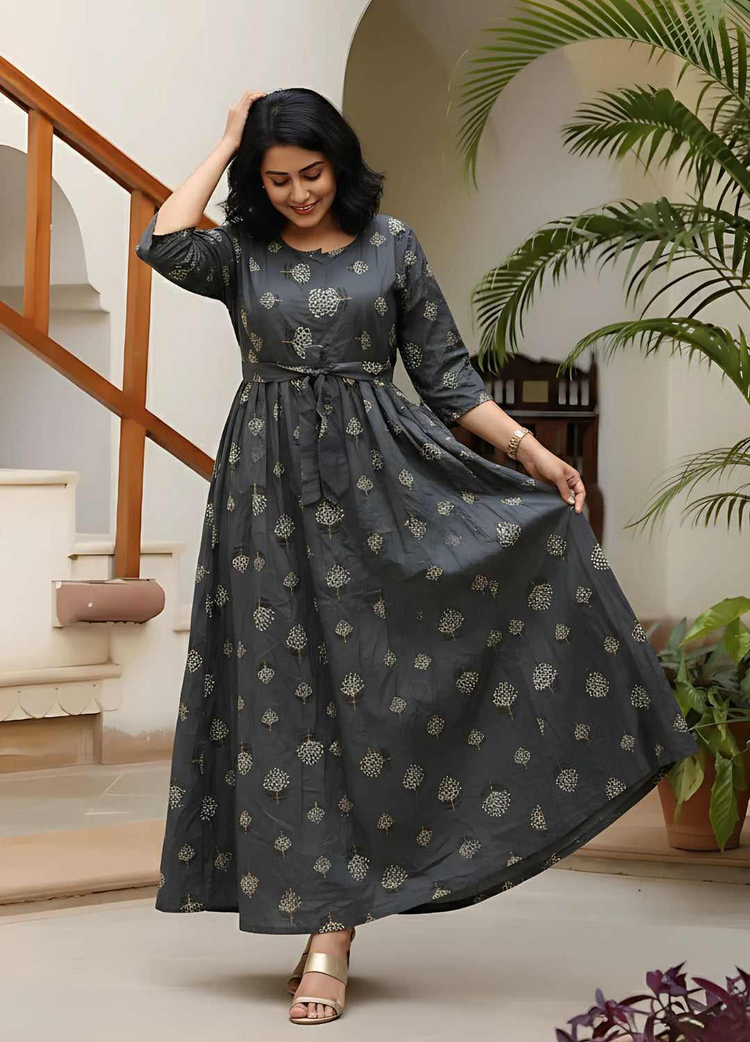 Grey White Flower - Maternity Kurti with Feeding Zips - Soft Rayon