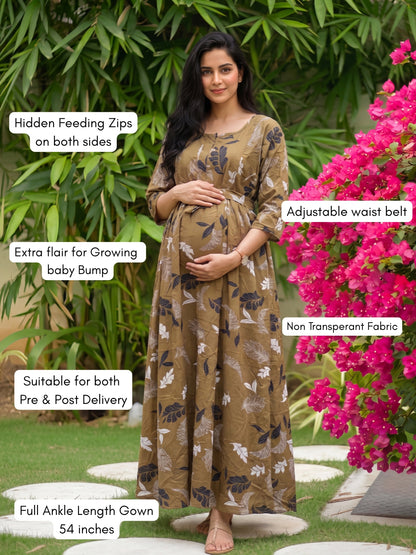 Brown White Leaf - Maternity Dress with Feeding Zips - Soft Rayon