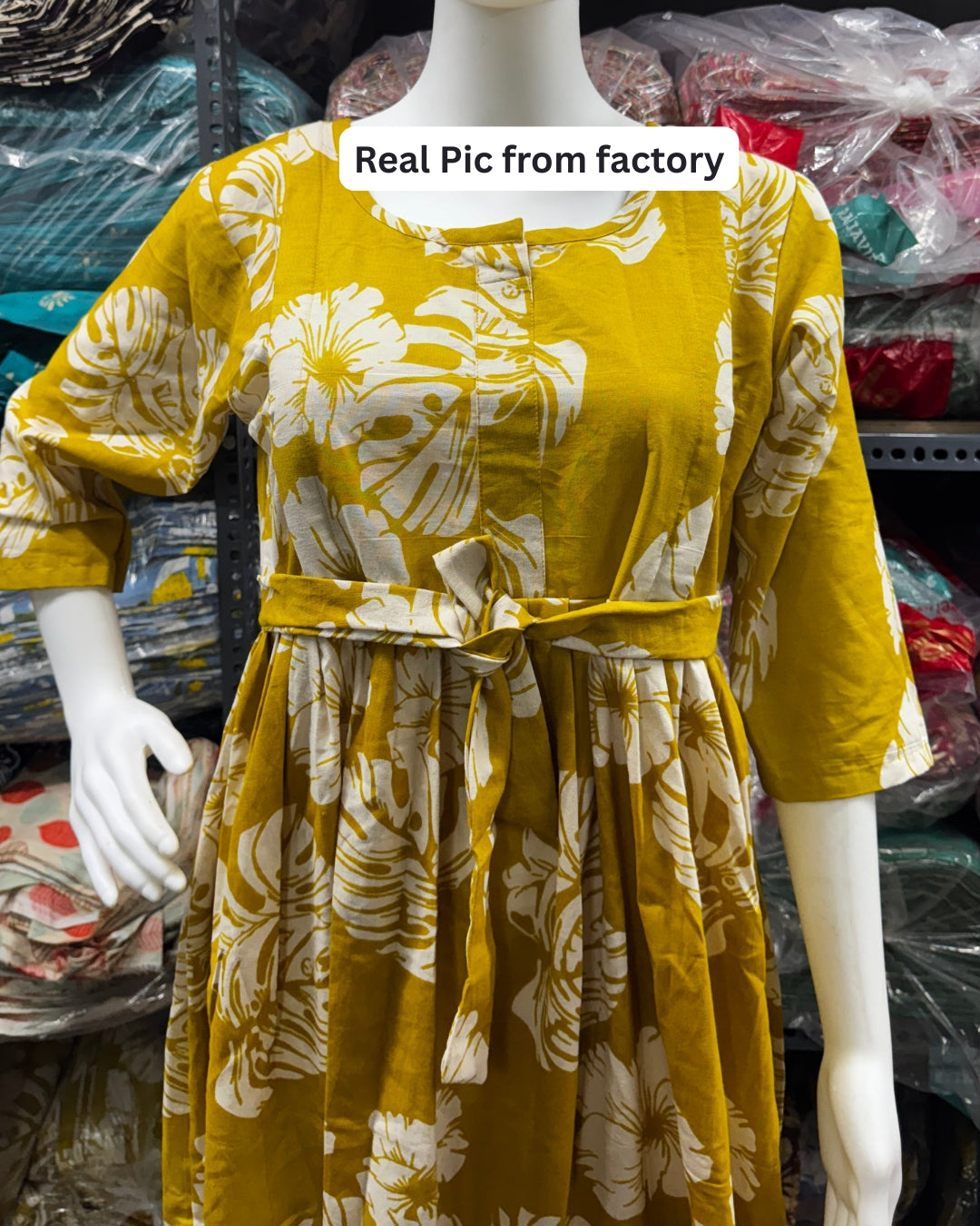 Swiss Cheese Leaf Yellow - Maternity Kurti with Feeding Zips - Cotton Flex - Thicker Fabric