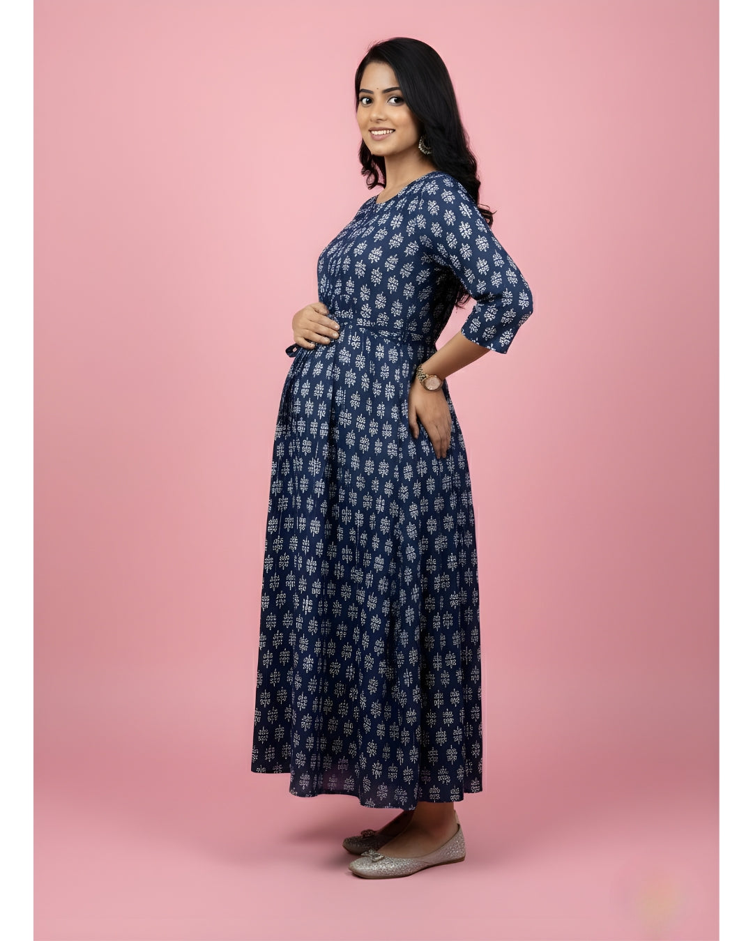 Blue Flower - Maternity Kurti with Feeding Zips - Cambric Cotton