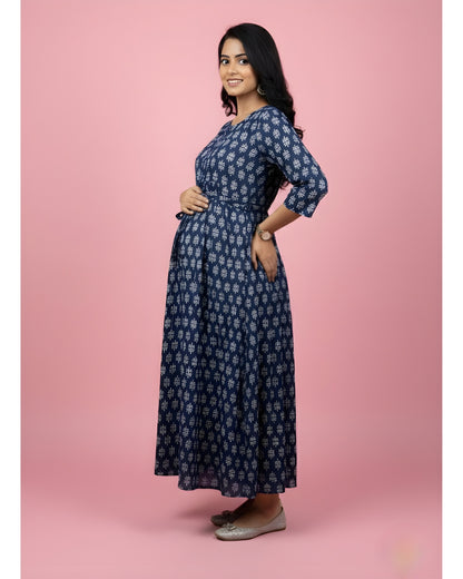Blue Flower - Maternity Kurti with Feeding Zips - Cambric Cotton