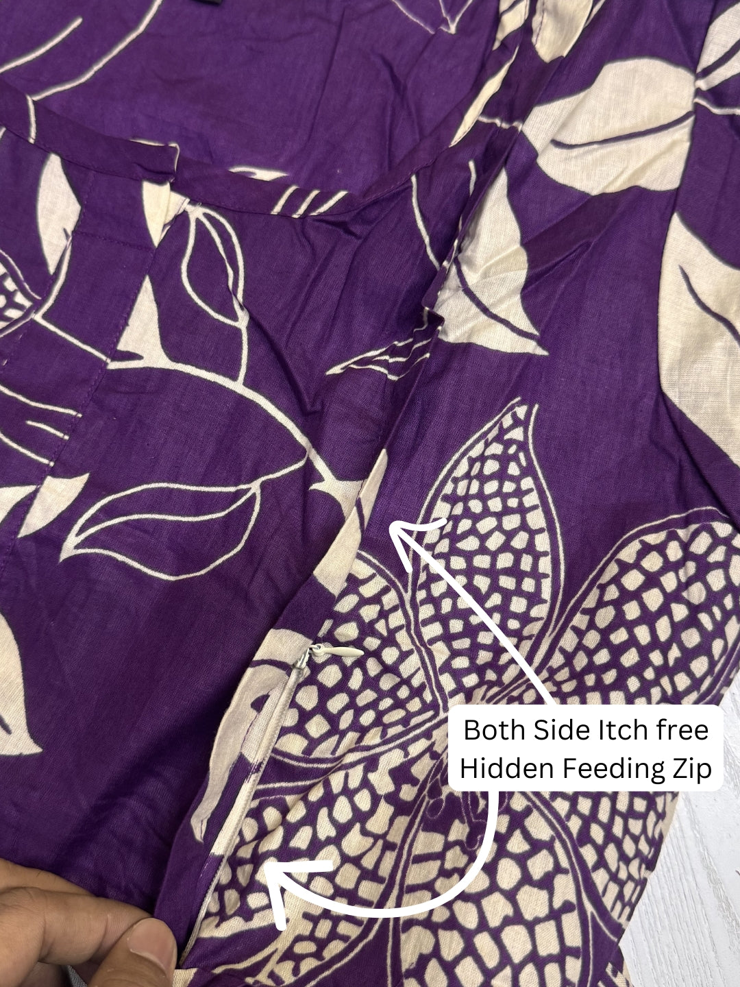 Lily flower Purple - Maternity Kurti with Feeding Zips - Cotton Flex - Thicker Fabric