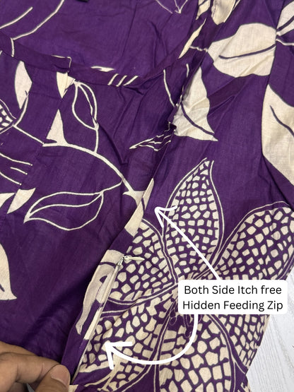 Lily flower Purple - Maternity Kurti with Feeding Zips - Cotton Flex - Thicker Fabric