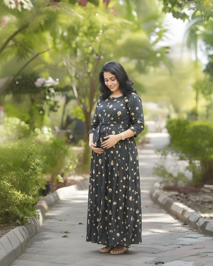Grey White Mushroom Flower - Maternity Kurti with Feeding Zips - Soft Rayon