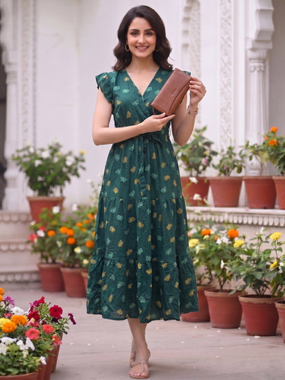 Green Butterfly - Sleevless Midi Dress - Soft Rayon