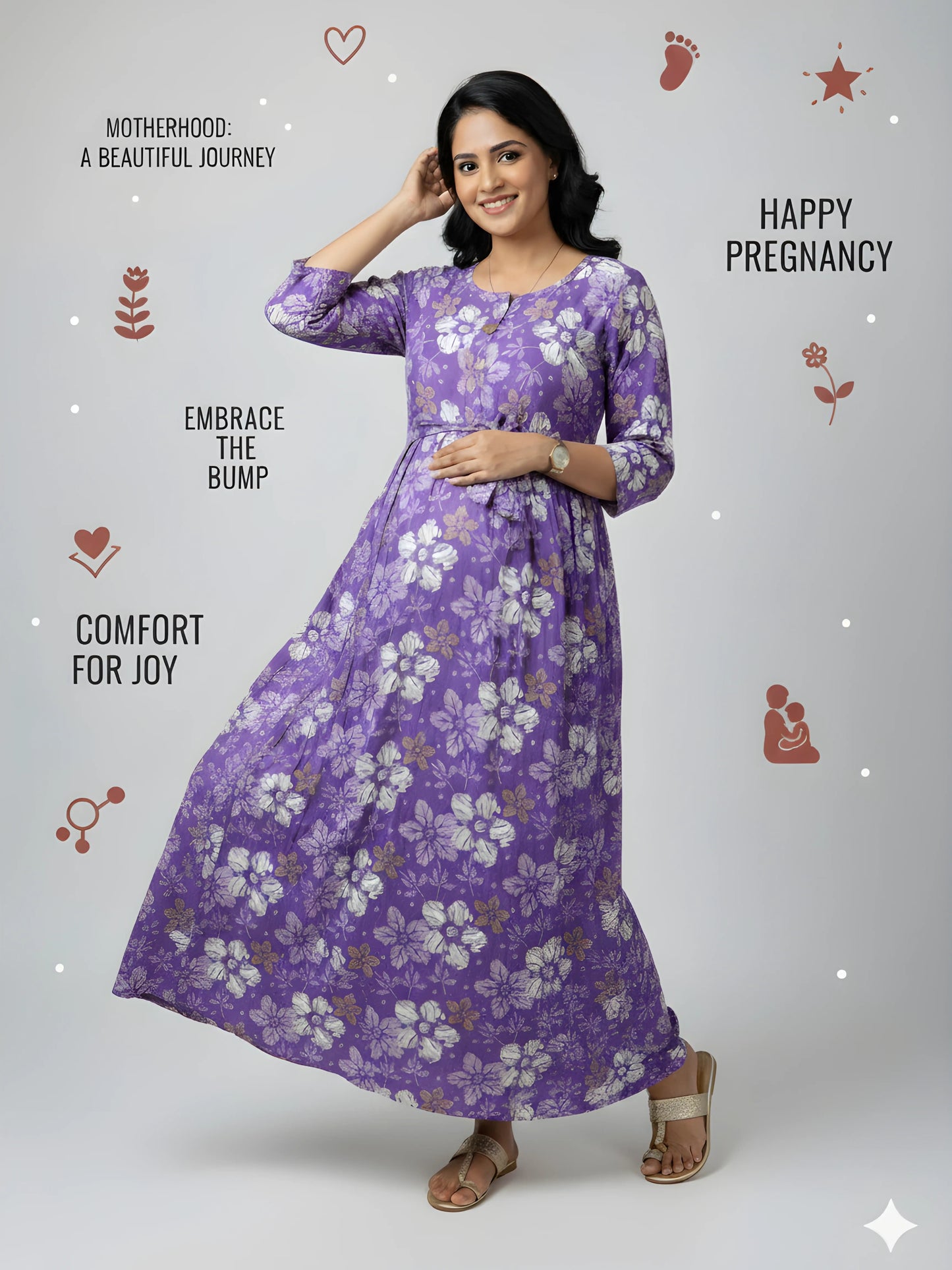 Purple Daisies - Maternity Kurti with Feeding Zips - Soft Rayon