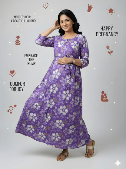 Purple Daisies - Maternity Kurti with Feeding Zips - Soft Rayon