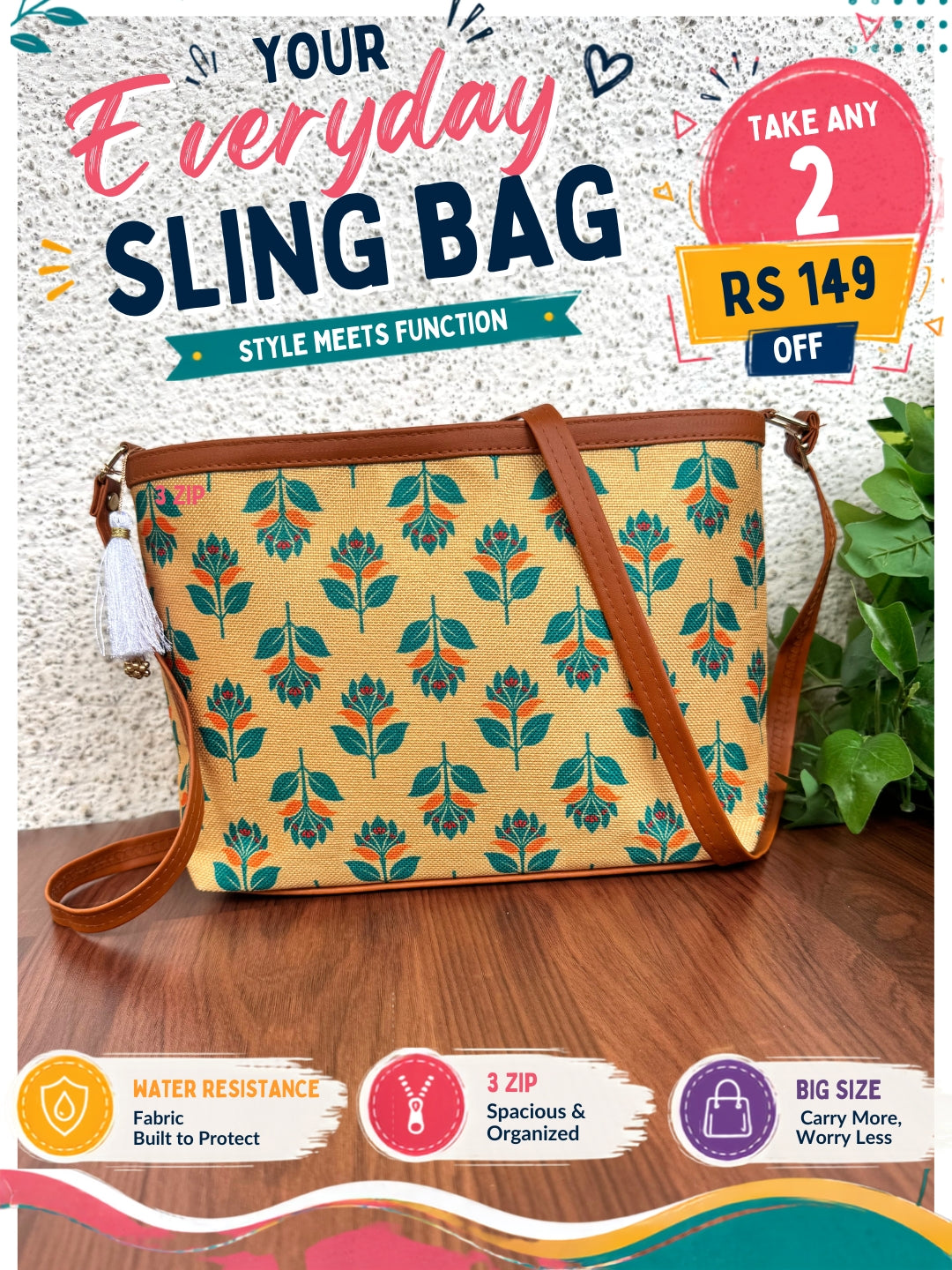 Minsk - 3 zip- Big size - Sling Bag - Yellow Green Flower