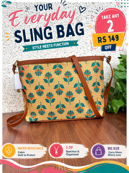 Minsk - 3 zip- Big size - Sling Bag - Yellow Green Flower