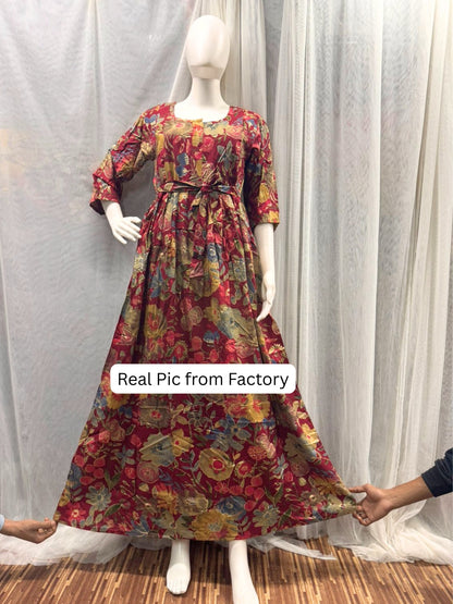 Maroon Grey Flower - Maternity Kurti with Feeding Zips - Soft Rayon